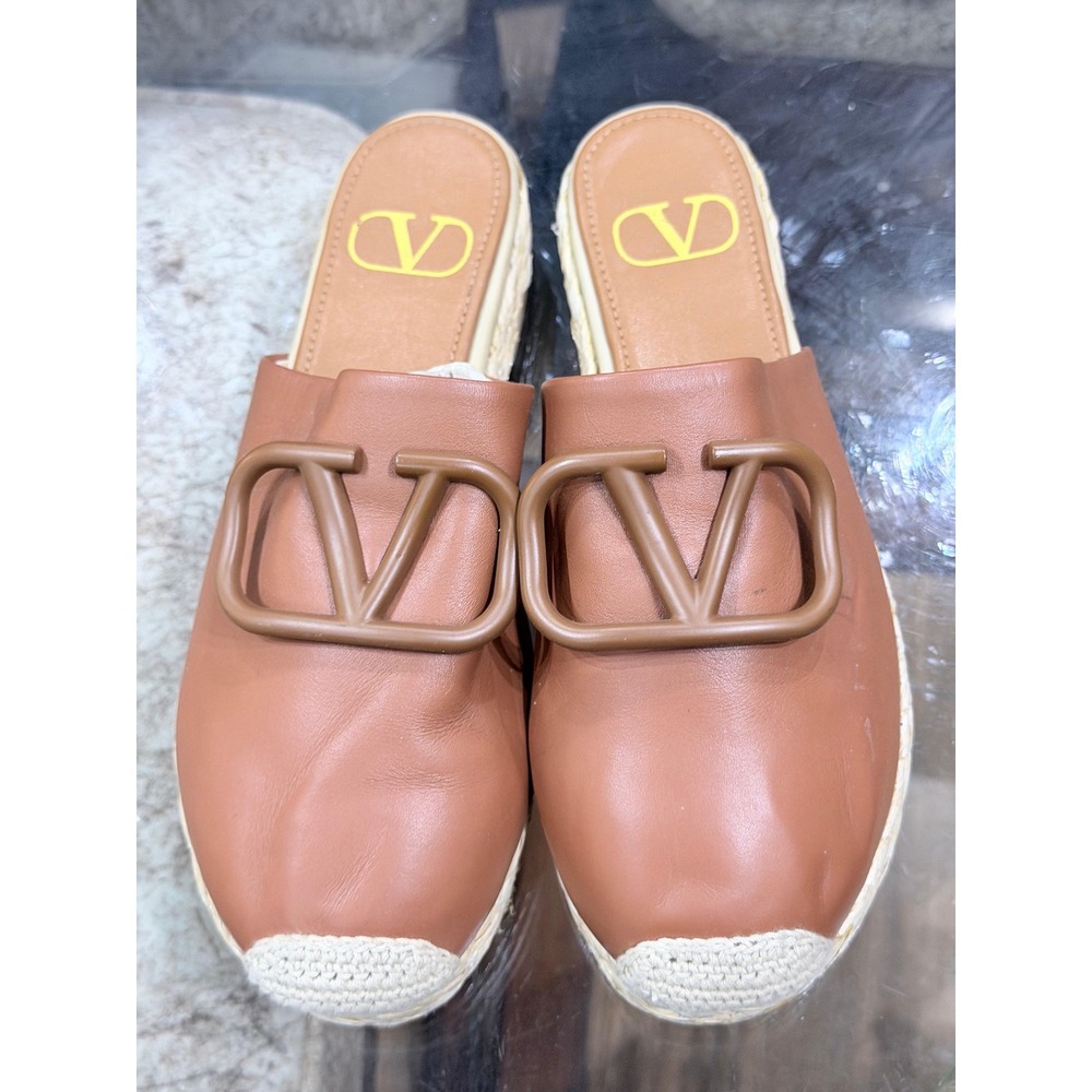 Valentino Garavani VLogo Tan Leather Espadrille Mules Slides Brown 39 Made Italy